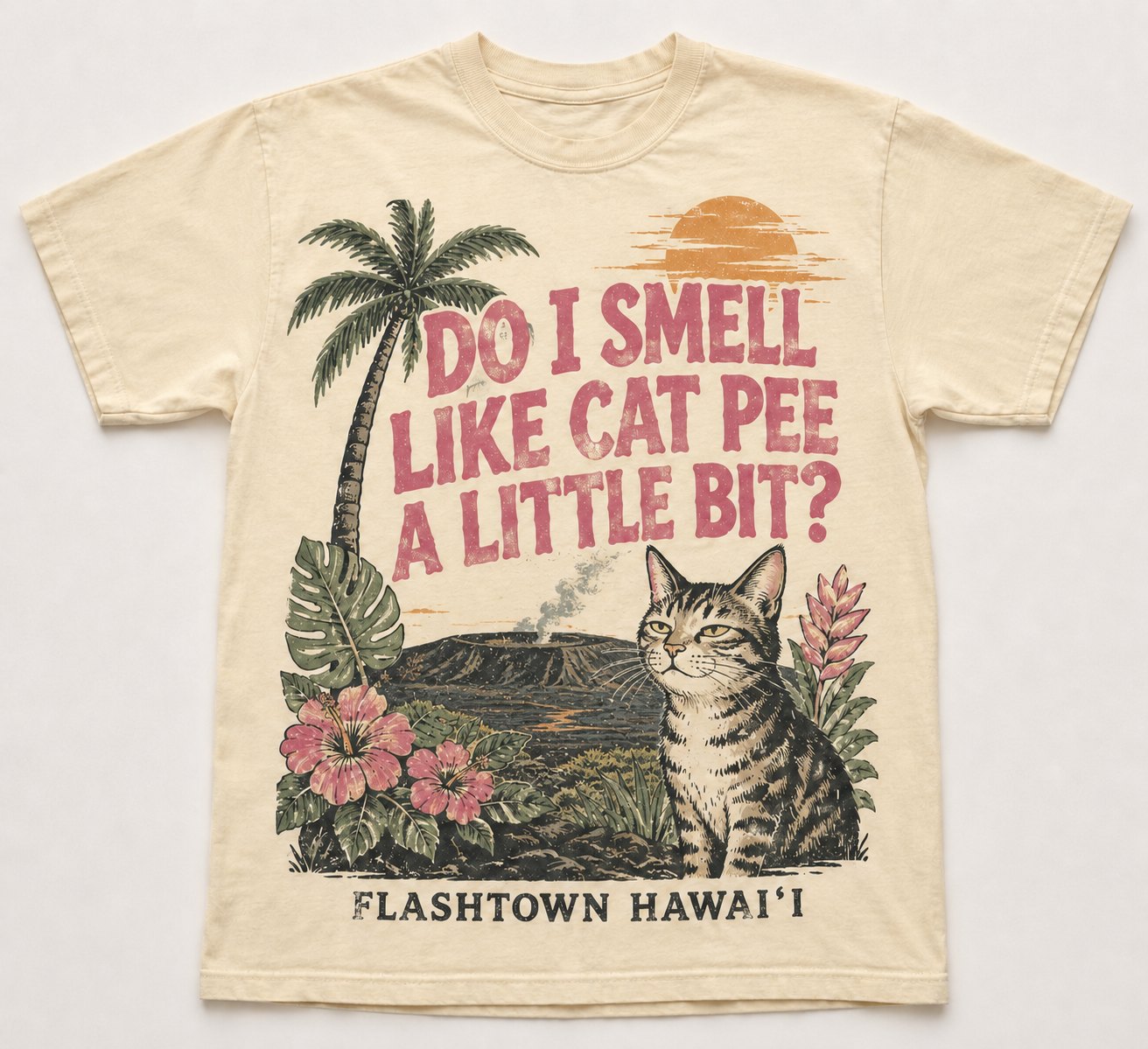 T-shirt design of a cat in front of a volcano reading do I smell like cat pee a little bit