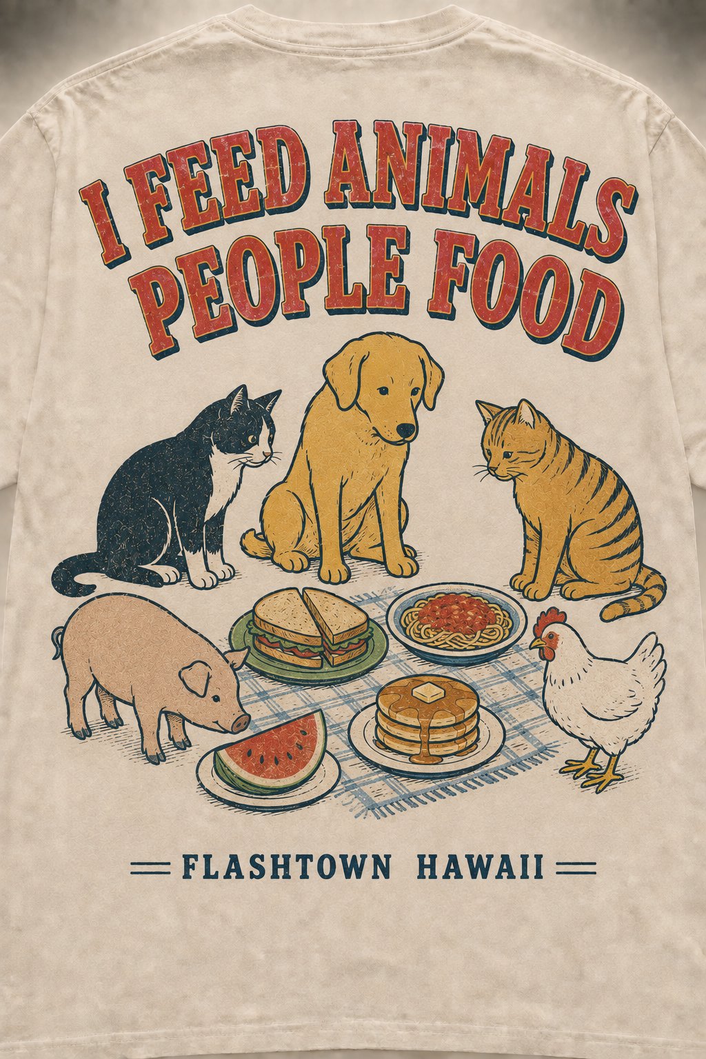 I feed animals people food t-shirt with a dog, cats, a pig and a chicken sharing a picnic
